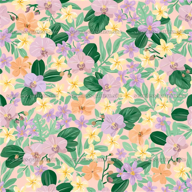 Tropical floral repeat pattern with orchids and green leaves — seamless tileable pattern