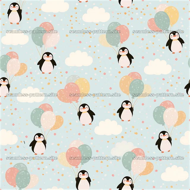 Cute penguin seamless pattern features penguins holding colorful — seamless tileable pattern