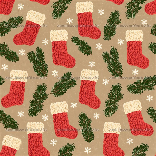 Knitted Christmas stockings with pine branches and snowflakes — seamless tileable pattern