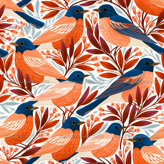 Colorful birds and foliage create a vibrant seamless design — seamless tileable pattern