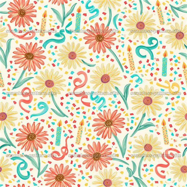 Birthday floral repeat pattern featuring colorful flowers and shapes — seamless tileable pattern