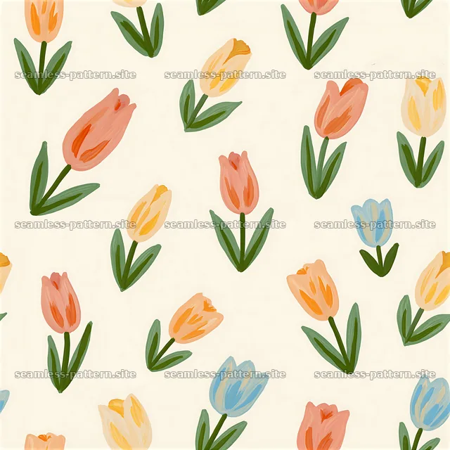 Cute tulips seamless pattern on a light background with green leaves — seamless tileable pattern