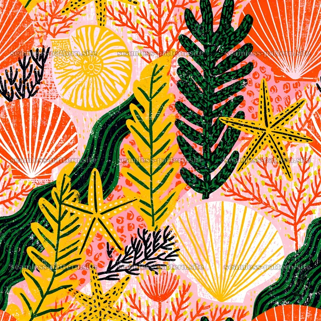Bright and fun seamless pattern with shells, leaves, and corals — seamless tileable pattern