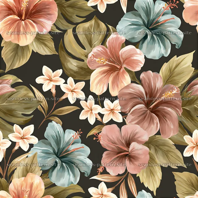 Tropical flower tileable pattern with hibiscus and leaves on dark — seamless tileable pattern