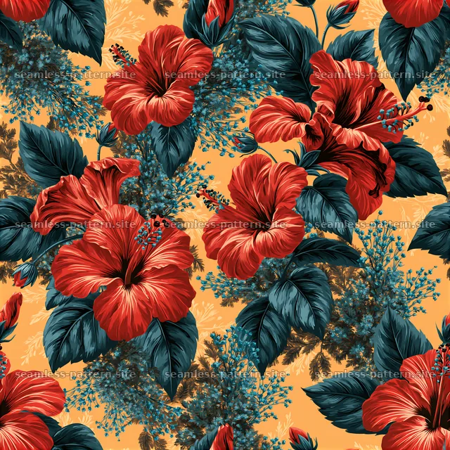 Tropical hibiscus seamless pattern with vibrant flowers and leaves — seamless tileable pattern