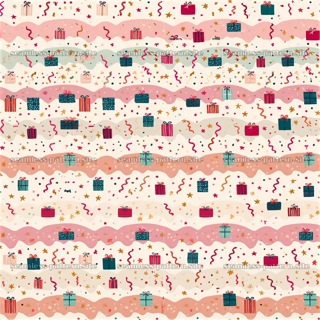Colorful seamless pattern of gifts, confetti and stripes — seamless tileable pattern
