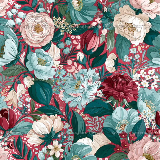 Floral design featuring roses and peonies on a dark background — seamless tileable pattern