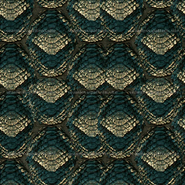 Seamless upholstery snake skin pattern in dark green and gold colors — seamless tileable pattern