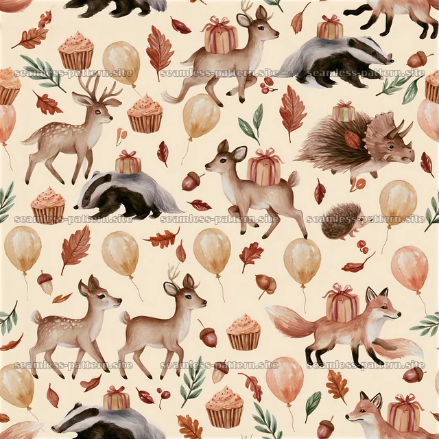 Birthday Woodland Animals Seamless Pattern — seamless tileable pattern
