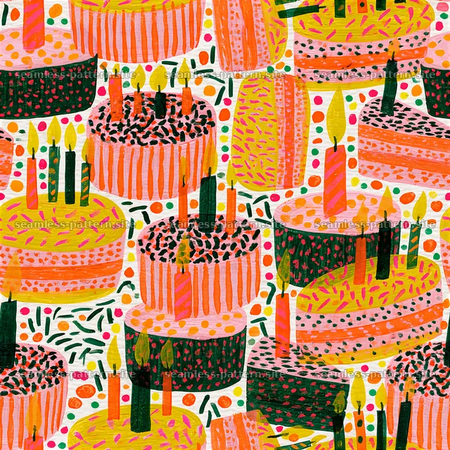 Colorful birthday cake seamless pattern with candles and sprinkles — seamless tileable pattern