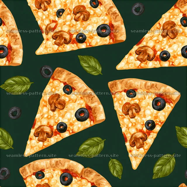Cheese pizza slices with olives and leaves on dark background — seamless tileable pattern