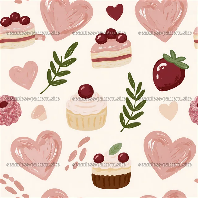 Seamless heart and dessert pattern with cakes and fruits on light — seamless tileable pattern