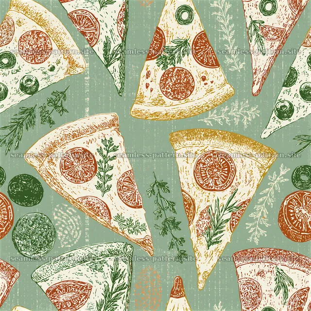Vintage Pizza Slice and Herb Seamless Pattern — seamless tileable pattern