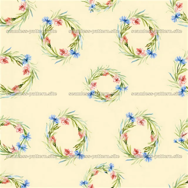 Repeat watercolor floral wreath pattern in soft colors with greenery — seamless tileable pattern