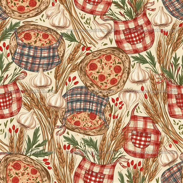 Seamless apron pizza pattern with garlic and wheat elements — seamless tileable pattern