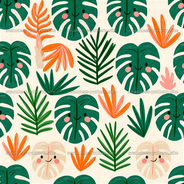Cute tropical foliage seamless pattern with smiling leaves — seamless tileable pattern