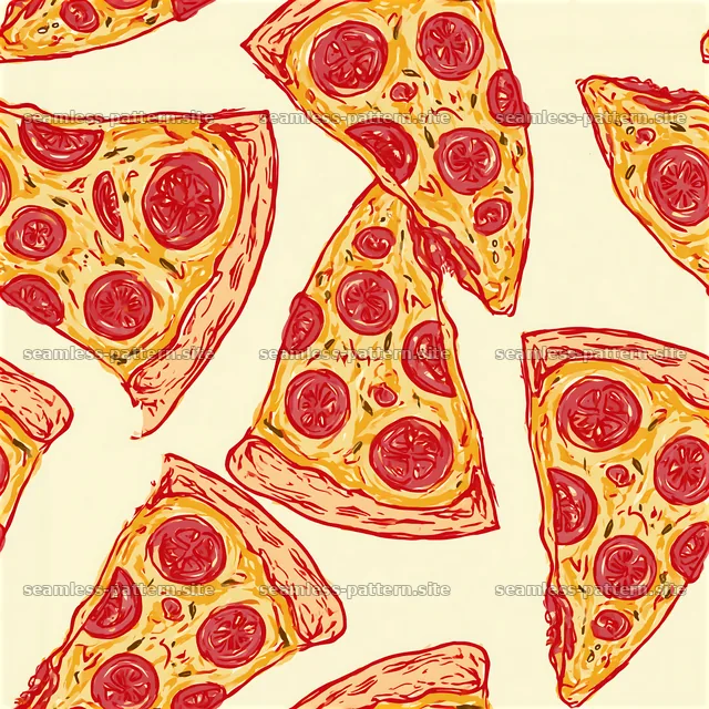 Seamless red and yellow pizza pattern with slices arranged on cream background — seamless tileable pattern