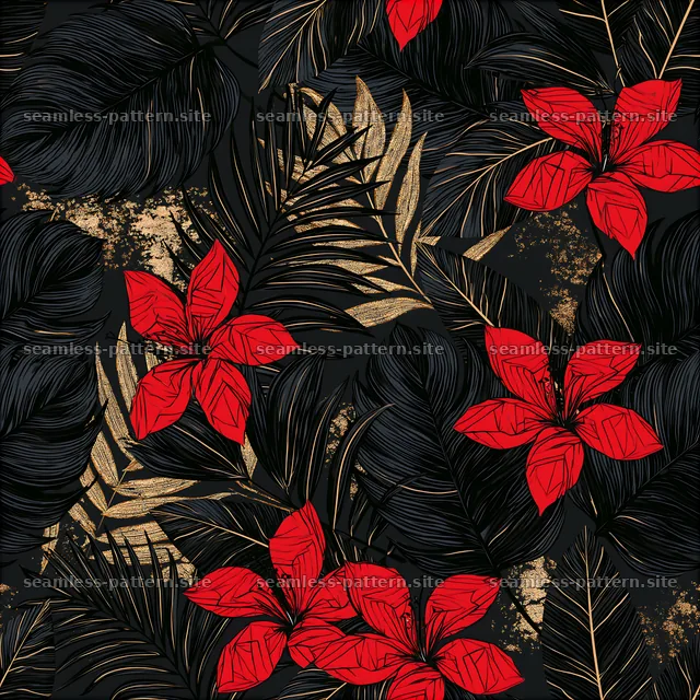 Wild print black red gold repeat pattern with floral elements and — seamless tileable pattern
