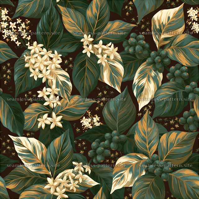 Coffee leaves and flowers in dark tones create a seamless design — seamless tileable pattern