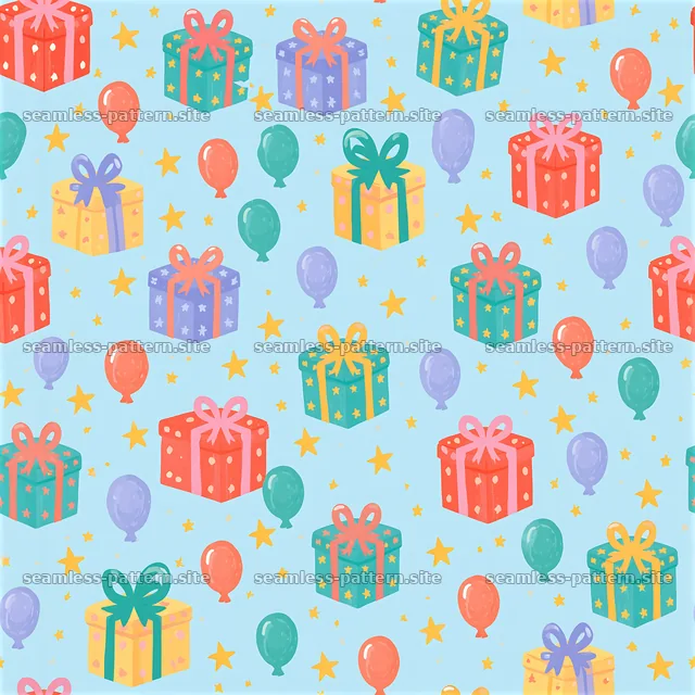 Colorful birthday gift pattern with balloons and stars — seamless tileable pattern