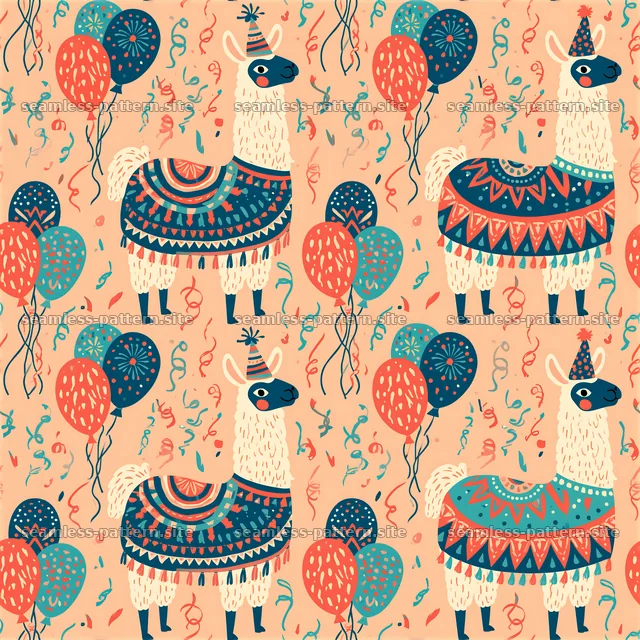 Birthday llamas seamless pattern with balloons and confetti — seamless tileable pattern