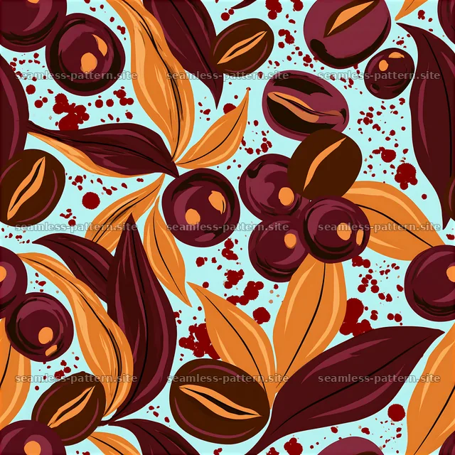 Seamless coffee packaging pattern with coffee beans and leaves — seamless tileable pattern