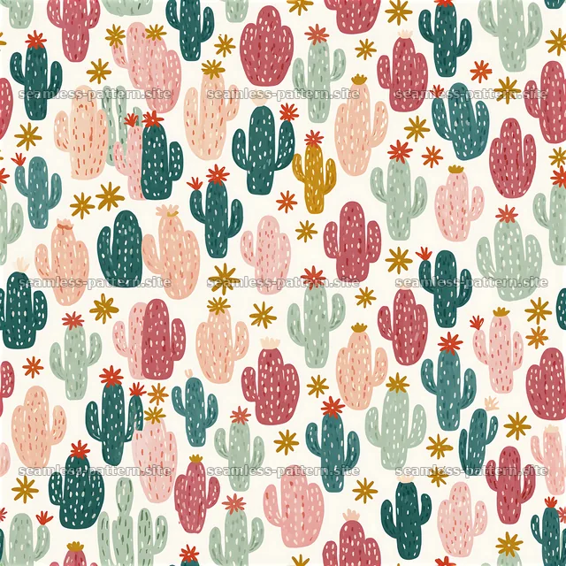 Colorful cactus seamless pattern with flowers — seamless tileable pattern