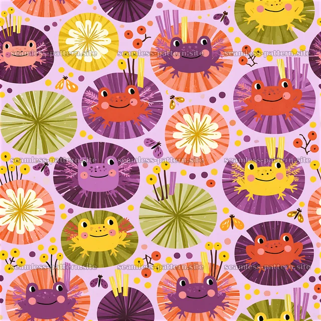Playful frogs and botanical circles seamless pattern — seamless tileable pattern