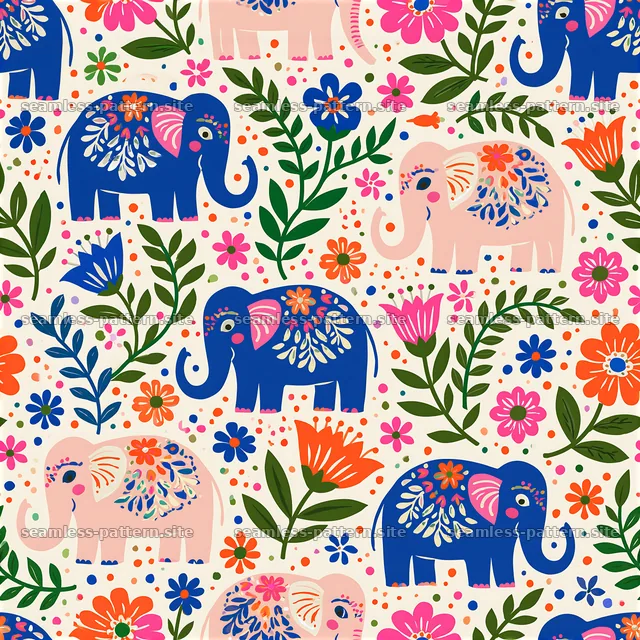 Colorful elephants and flowers in a playful seamless pattern — seamless tileable pattern