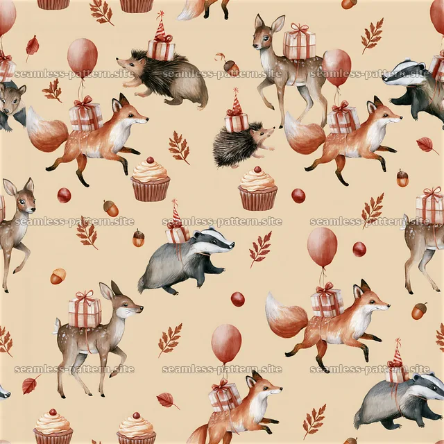 Woodland animals with gifts and balloons in a festive pattern — seamless tileable pattern