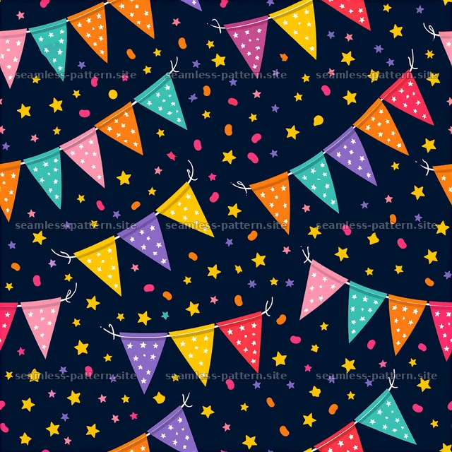 Colorful bunting flags with stars and dots on a dark background — seamless tileable pattern