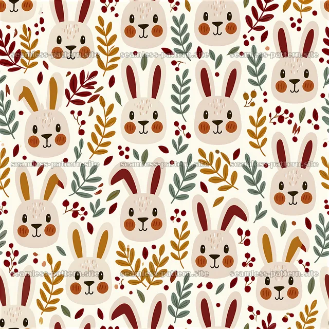 cute bunny faces seamless pattern with leaves and berries — seamless tileable pattern