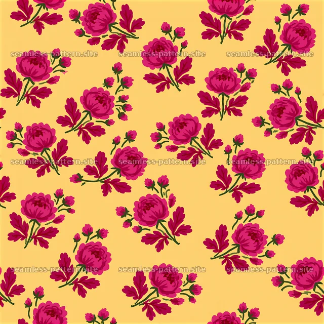 Peony repeat pattern with bold flowers on a bright yellow background — seamless tileable pattern