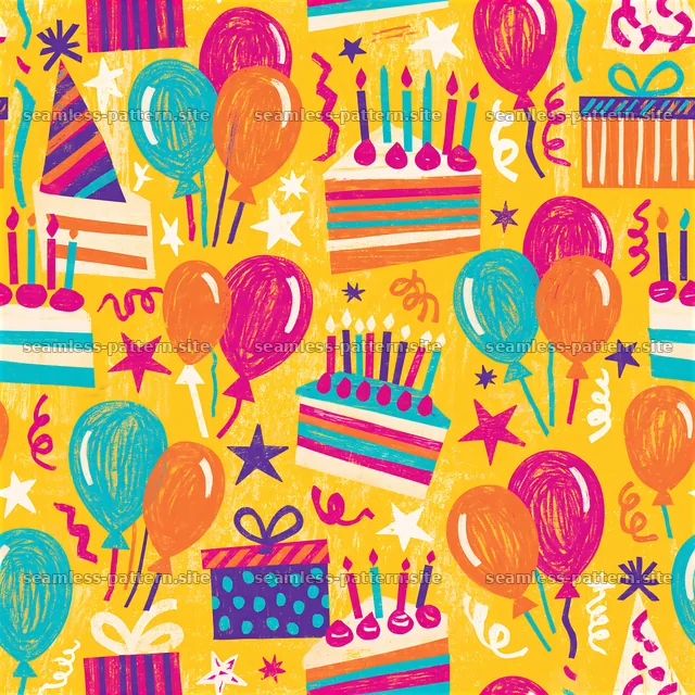 Birthday scrapbook repeat pattern with balloons and cakes — seamless tileable pattern