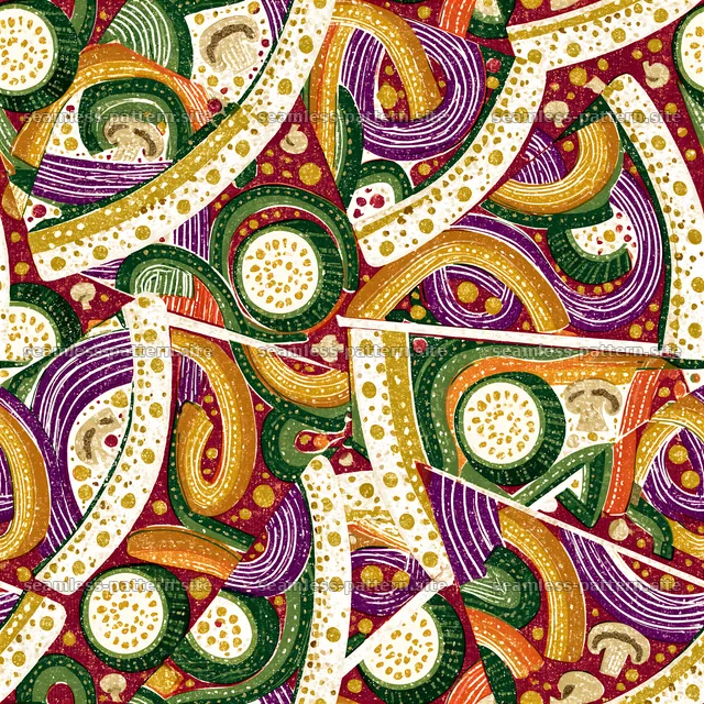 Vibrant seamless pattern featuring various vegetable shapes and colors — seamless tileable pattern