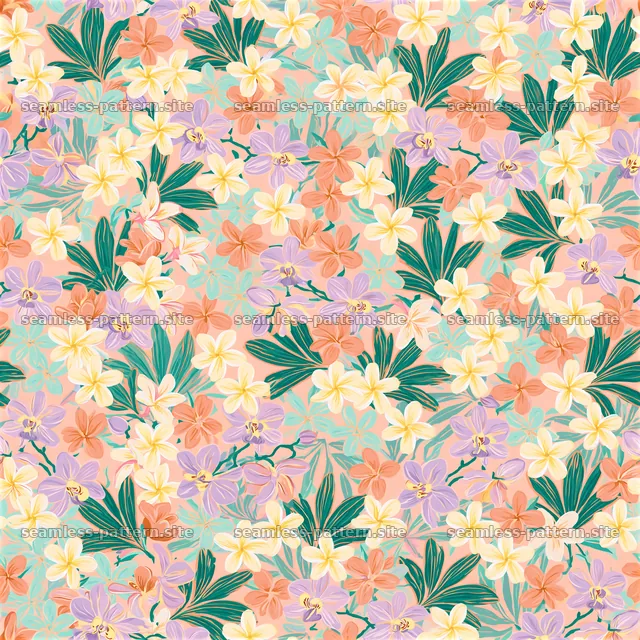 Tropical floral repeat pattern with colorful flowers and green leaves — seamless tileable pattern