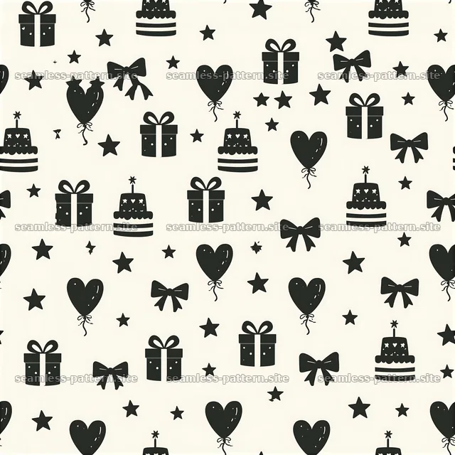 Black and white seamless pattern with birthday motifs and shapes — seamless tileable pattern