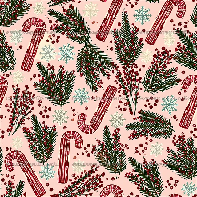Candy canes and pine branches on light pink seamless pattern — seamless tileable pattern