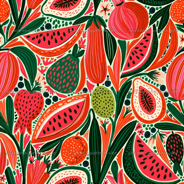 Vibrant seamless pattern of fruits and flowers for kids' designs — seamless tileable pattern