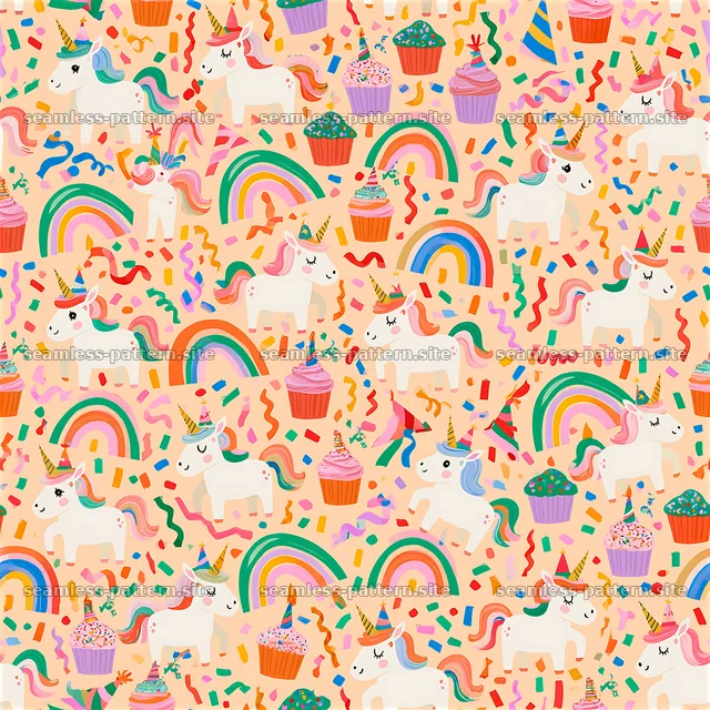 Birthday Unicorns and Rainbow Seamless Pattern — seamless tileable pattern