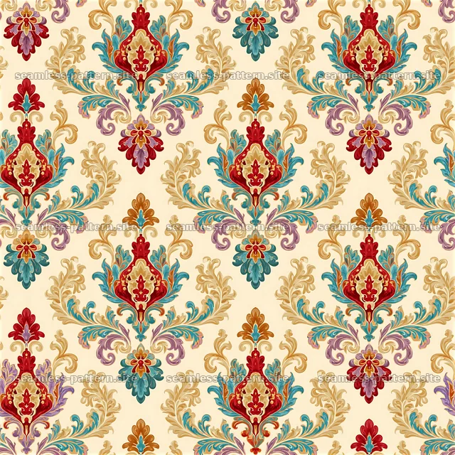Colorful damask pattern with floral motifs and ornate details — seamless tileable pattern