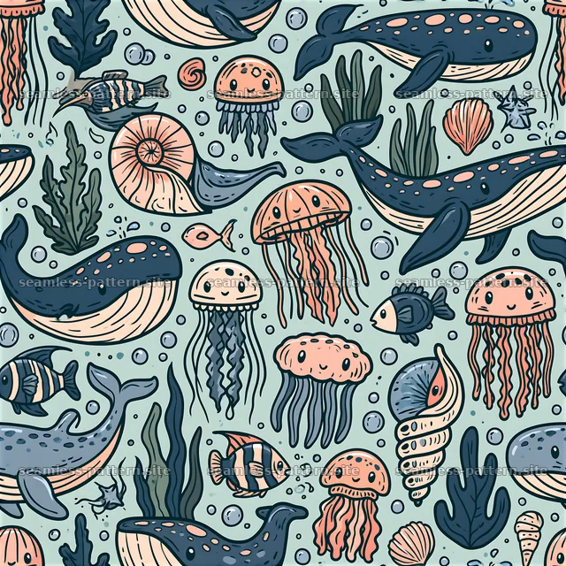 Cute playful doodle seamless pattern with sea creatures in blue and pink — seamless tileable pattern