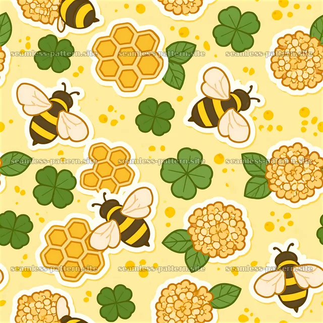 Cute Bee, Honeycomb and Clover Seamless Pattern — seamless tileable pattern