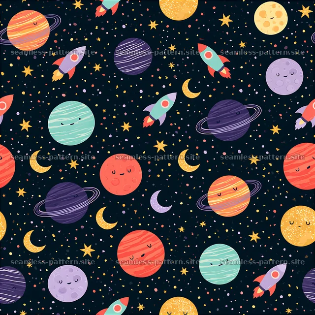Colorful space-themed seamless pattern with planets and rockets — seamless tileable pattern