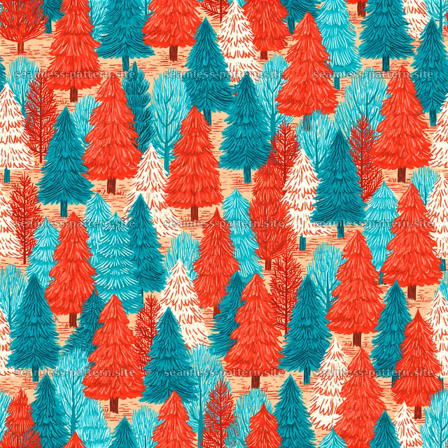 Colorful seamless pattern of stylized trees in red and blue — seamless tileable pattern