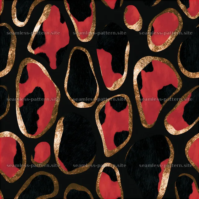 Animal skin pattern with red, black, and gold colors — seamless tileable pattern