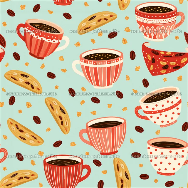 Coffee Cups and Biscotti Seamless Pattern — seamless tileable pattern