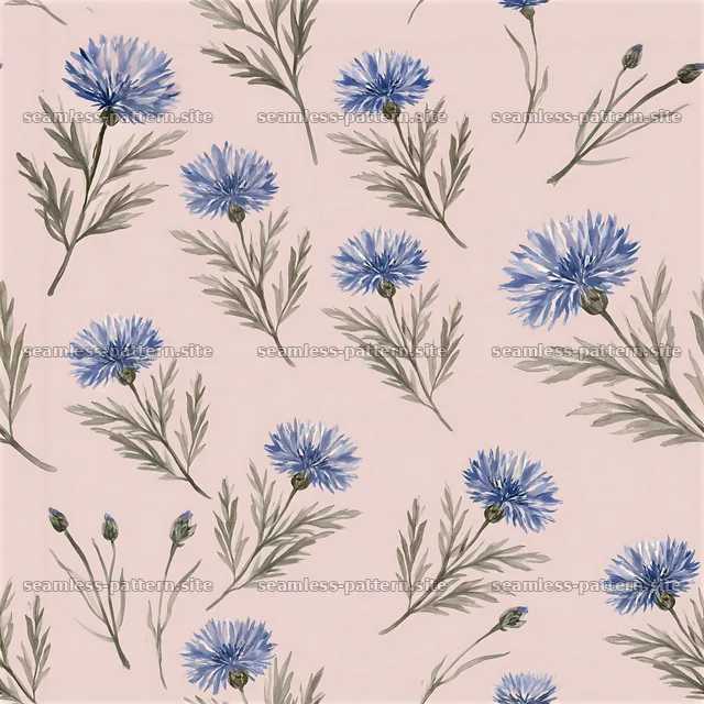 Repeating watercolor cornflower pattern on soft pink background — seamless tileable pattern