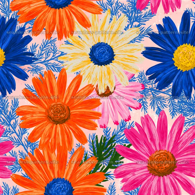 Colorful daisy seamless pattern with vibrant flowers on a light background — seamless tileable pattern