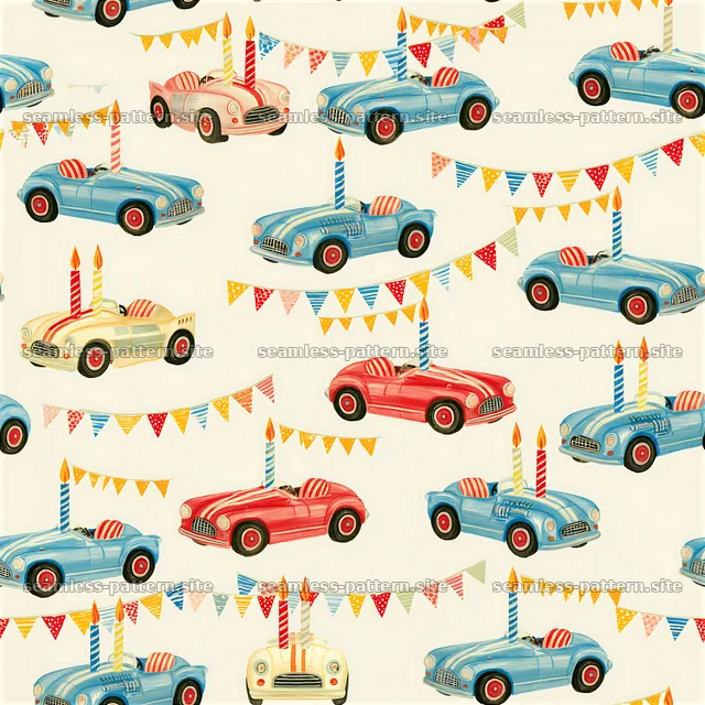 Colorful race cars with party hats and flags in a seamless pattern — seamless tileable pattern